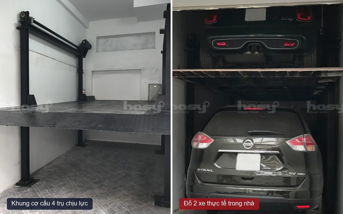 Hệ thống thang nâng ô tô dạng nổi 4 trụ trong nhà phố HASY